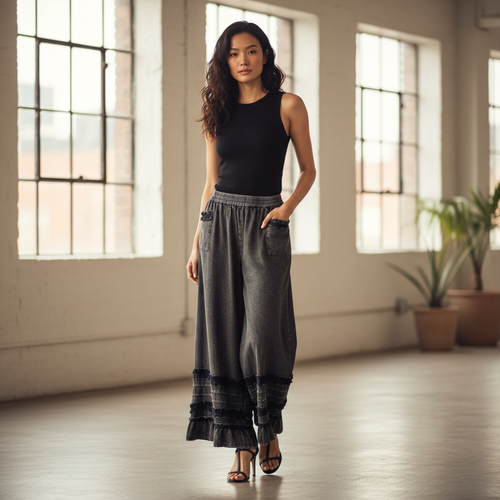 Women's charcoal ruffle hem wide-leg pants, relaxed fit, styled for an elevated casual indoor look