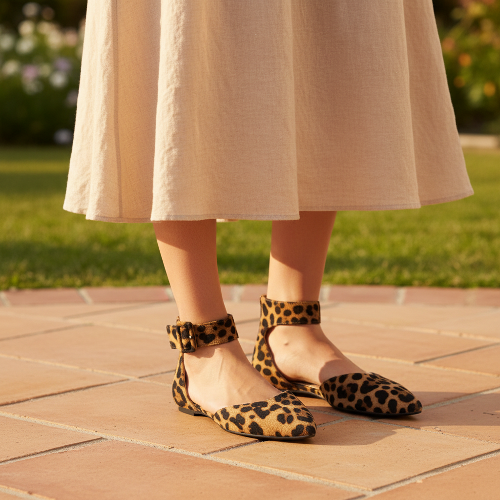 Woman on terracotta garden patio wearing Faryl Robin leopard ankle-strap flats with neutral midi skirt, golden afternoon light