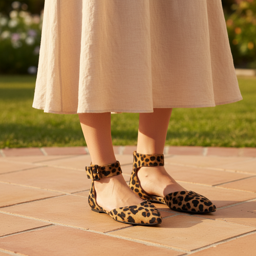 Woman on terracotta garden patio wearing Faryl Robin leopard ankle-strap flats with neutral midi skirt, golden afternoon light