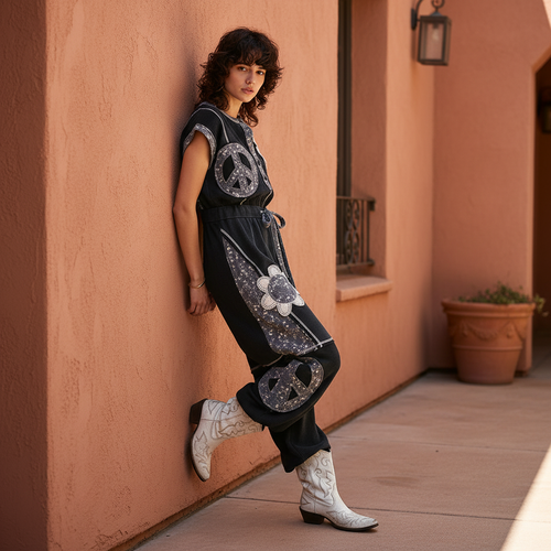 POL black thermal overalls with floral patchwork and crochet appliqués, relaxed leaning pose, warm courtyard