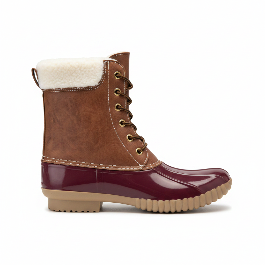 Women's bordeaux duck boot side profile, brown leather upper with cream stitching, burgundy glossy rubber lower, cream lug sole - Yoki