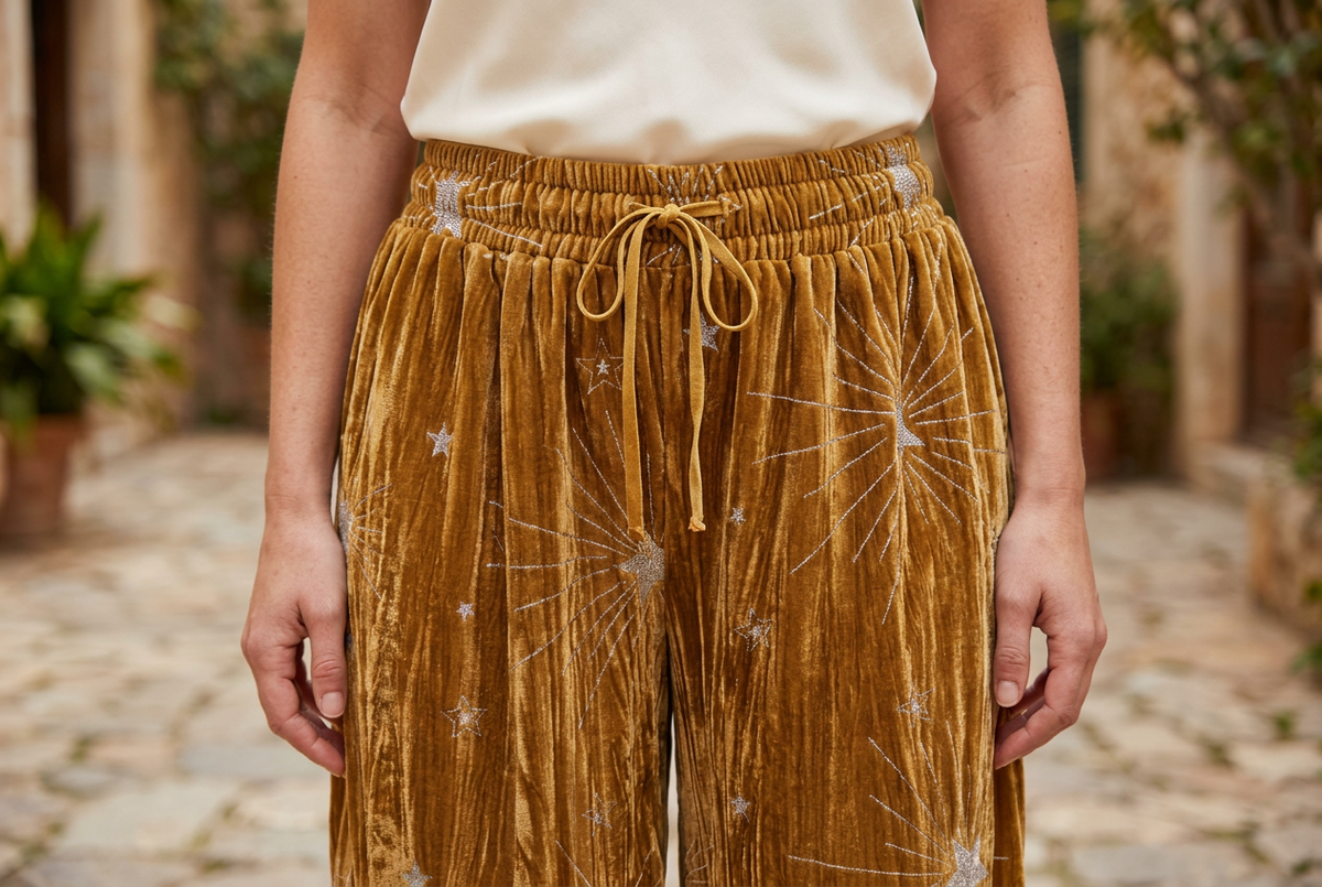 A Rare Bird Shop gold velvet pantaloons, landscape close-up of drawstring waistband and celestial embroidery