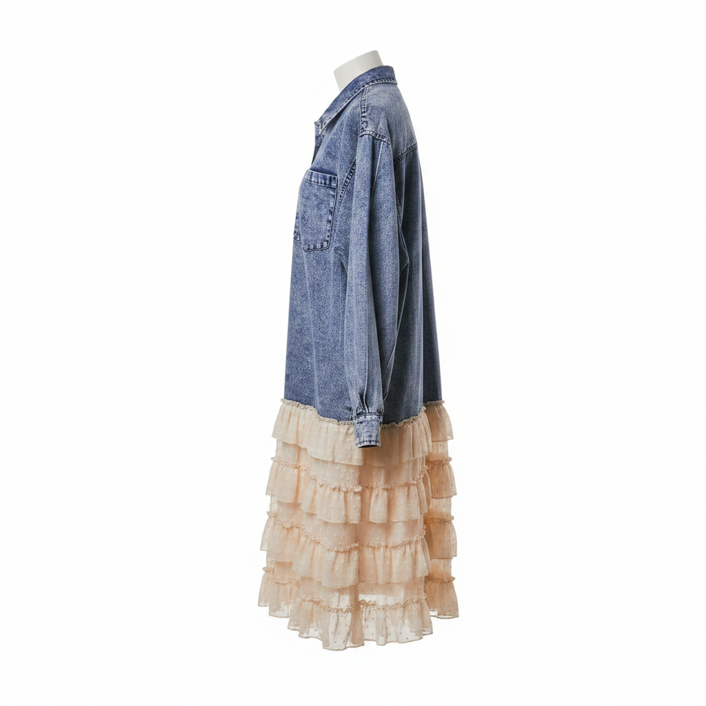 Women's relaxed denim midi shirt dress with swiss dot ruffle hem, side silhouette