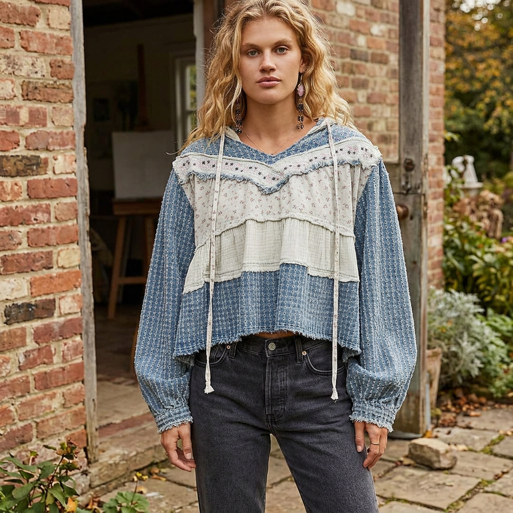 Blue and cream floral patchwork hoodie with full sleeves, styled with charcoal jeans at a brick doorway.