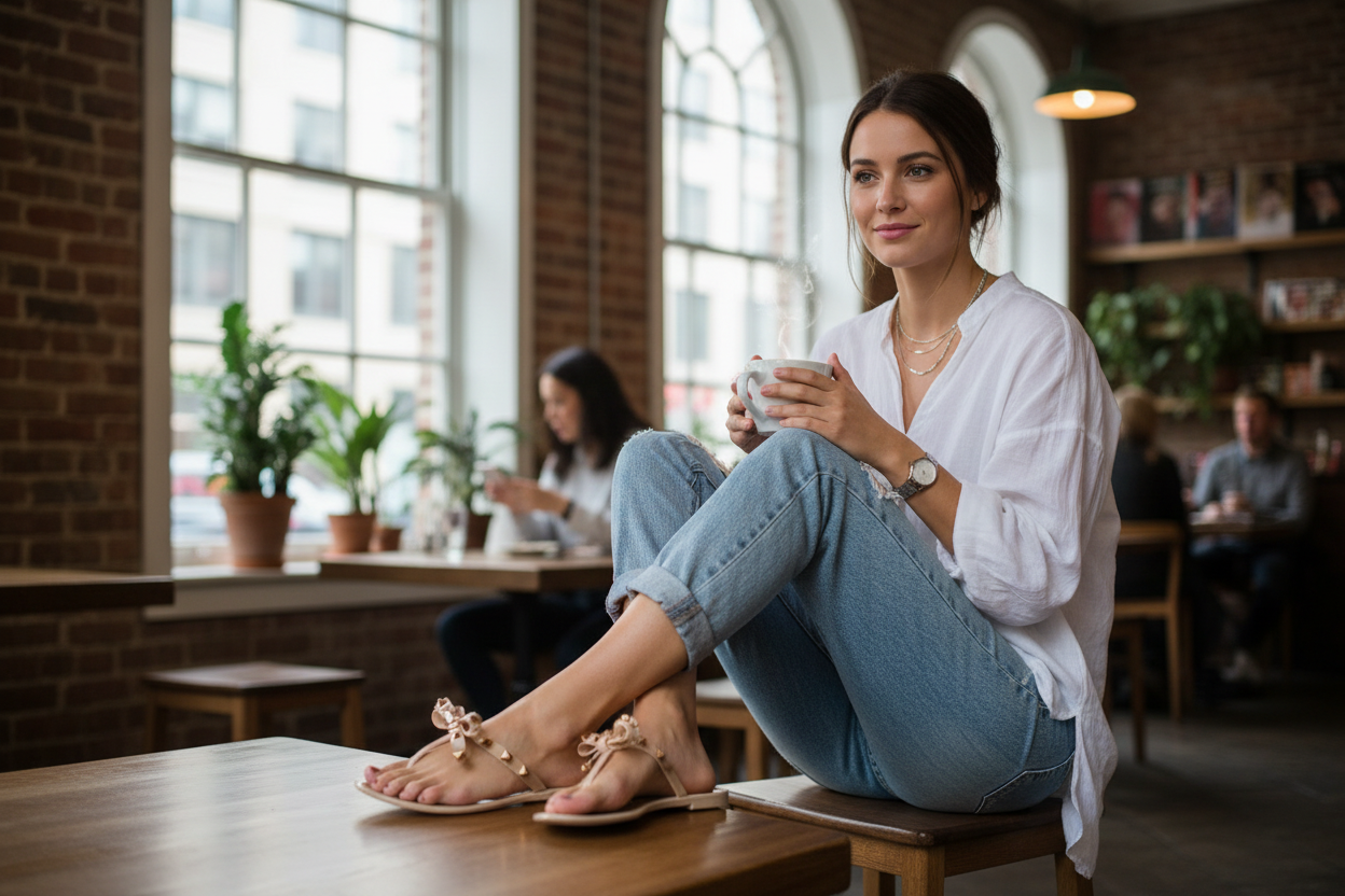 Wild Diva nude jelly sandals styled with casual jeans and white blouse - versatile everyday wear