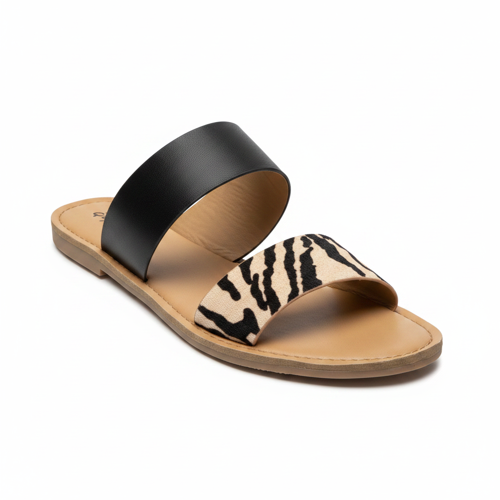 Women's zebra print double strap slide sandal with black leather band and flat sole, 3/4 front view - BellanBlue