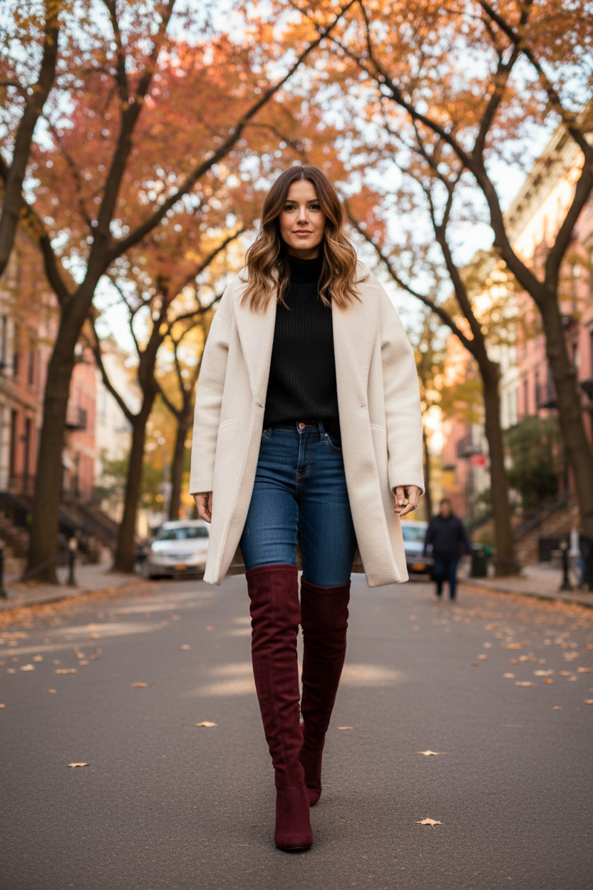 Woman walking on a street lined with trees with autumn foliage