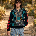 POL Clothing women's black and teal checkerboard hoodie with floral tapestry pocket in a garden - BellanBlue
