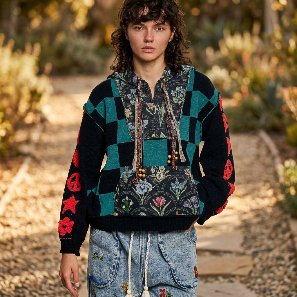 POL Clothing women's black and teal checkerboard hoodie with floral tapestry pocket in a garden - BellanBlue