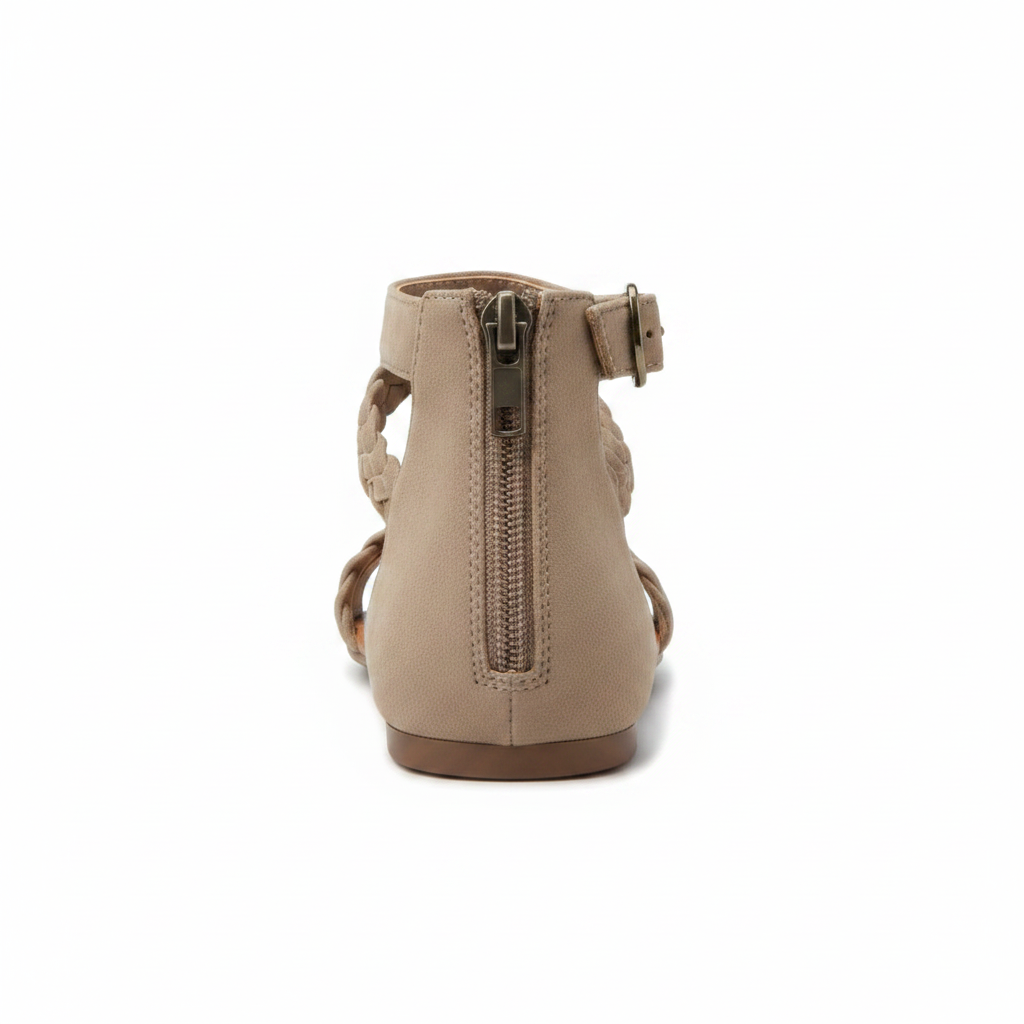 Women's taupe flat sandal back view gunmetal zip closure suede heel counter