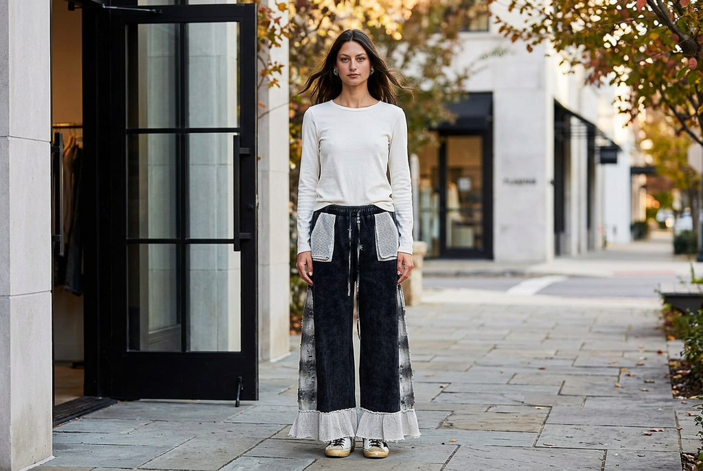 Woman in black plaid-panel ruffle pants and an ivory top outside a black-framed glass entrance.