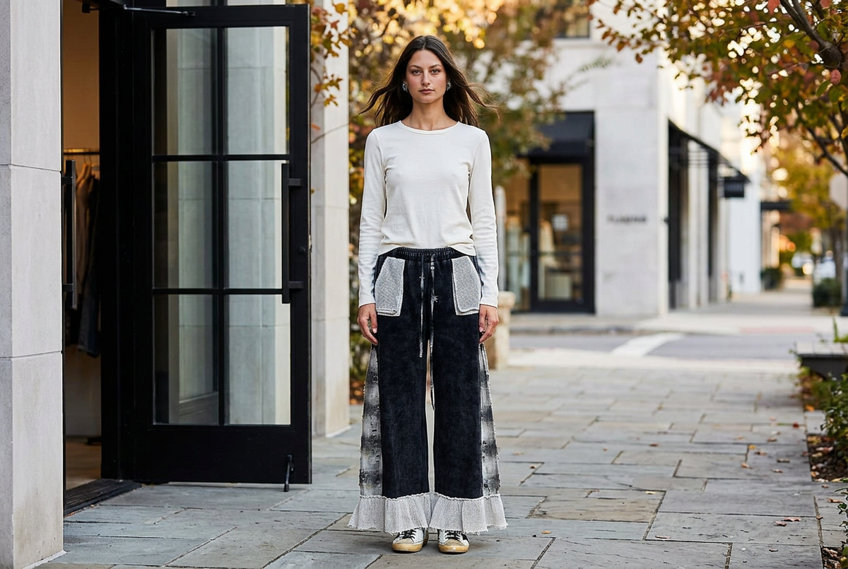 Woman in black plaid-panel ruffle pants and an ivory top outside a black-framed glass entrance.