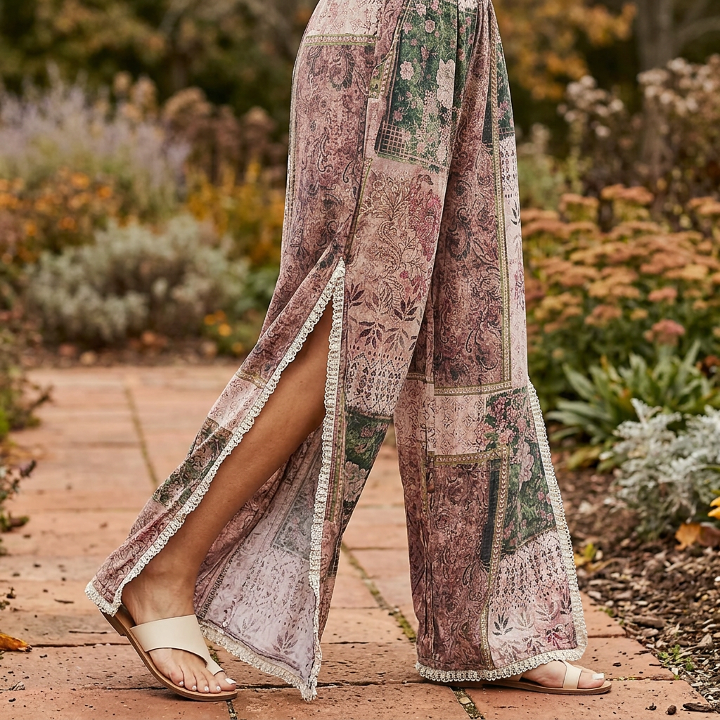 POL Clothing Rose Multi wide-leg pants, close-up of cream lace-trimmed side slit on a garden path