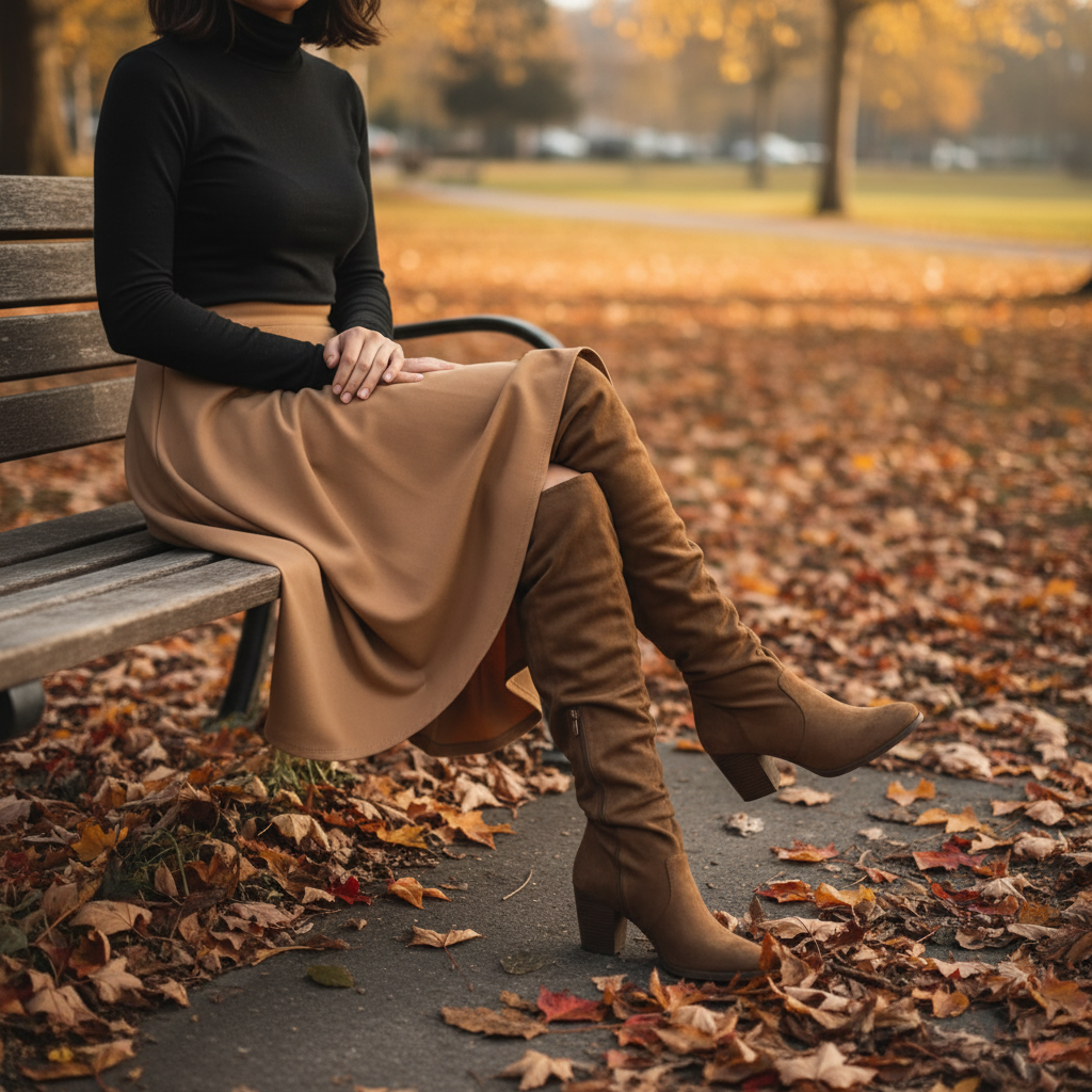 Women's coffee caramel brown slouchy OTK faux suede boots with stacked block heel styled with camel midi skirt and black turtleneck in autumn park