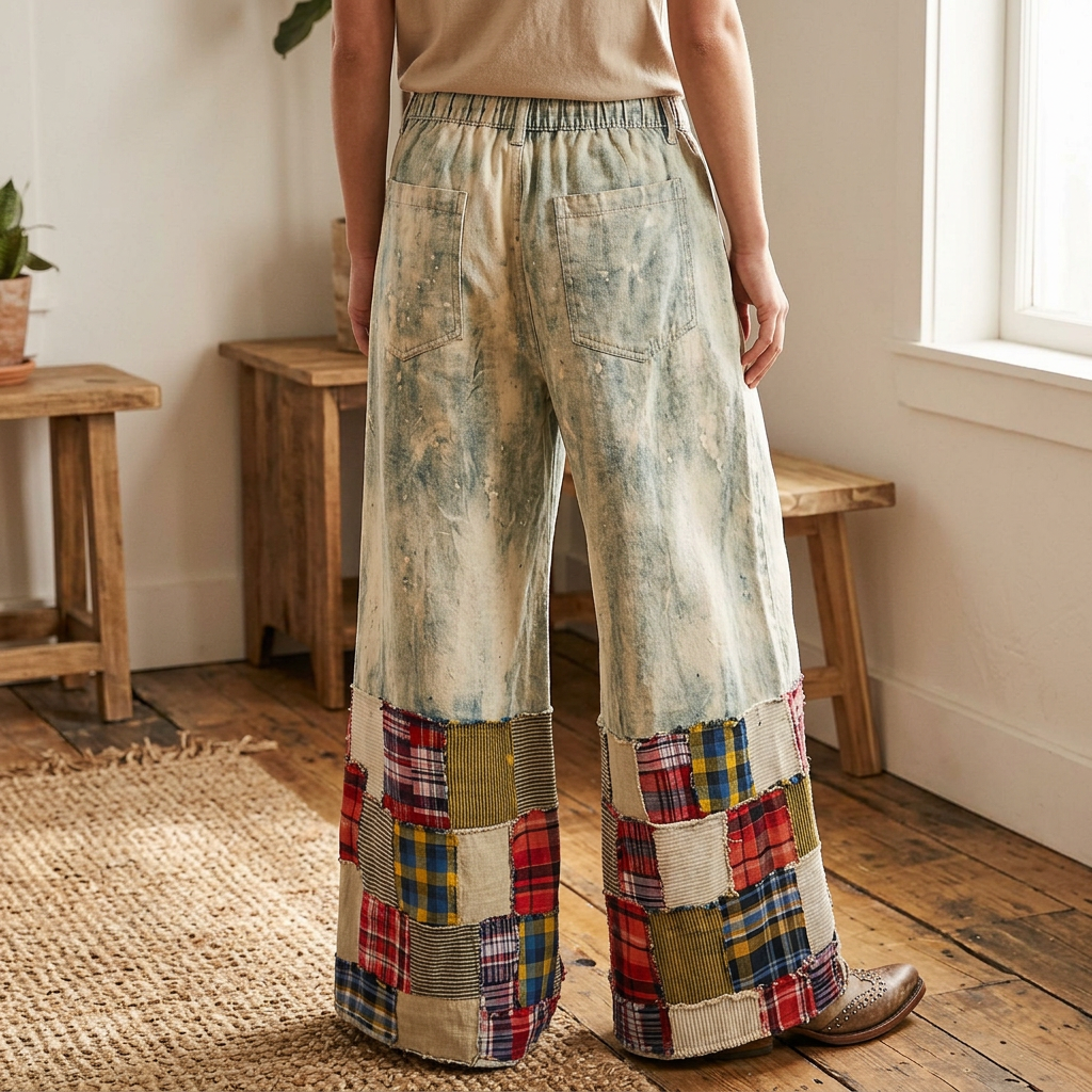 POL Clothing women's light blue mineral-wash pants rear view with patch pockets and patchwork hems indoors