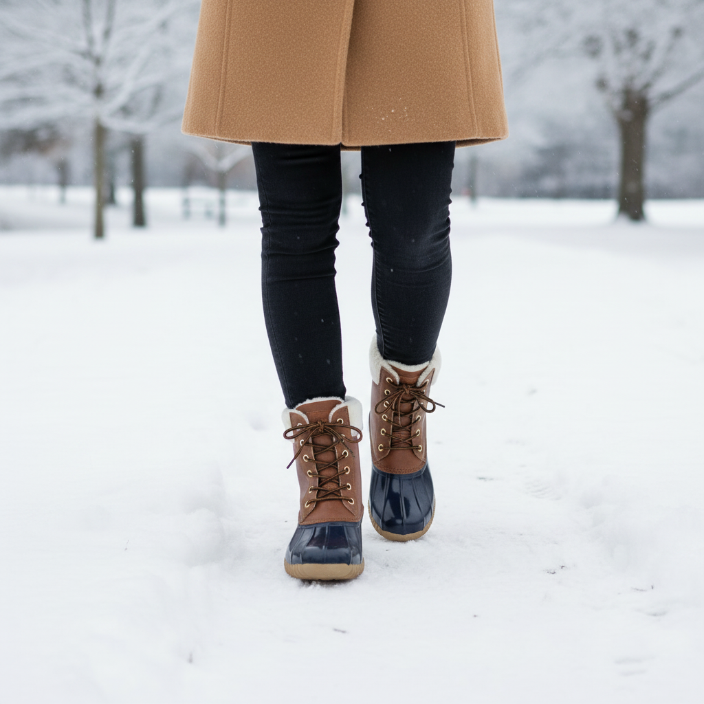 Women's lace-up duck boot with navy rubber shell and cream sherpa trim styled with camel coat walking on snowy winter path