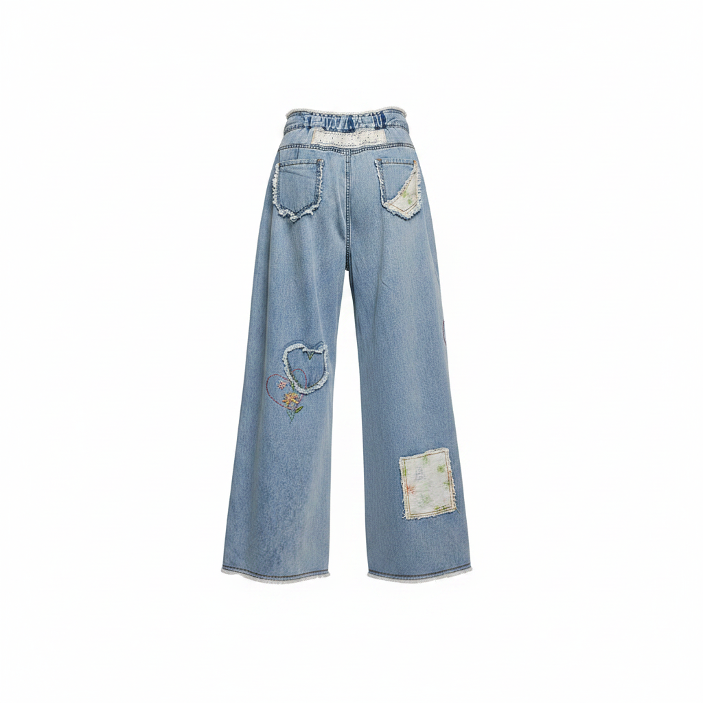 POL Clothing women's light blue wide-leg patchwork denim pants, back view, floral patches and lace eyelet waistband