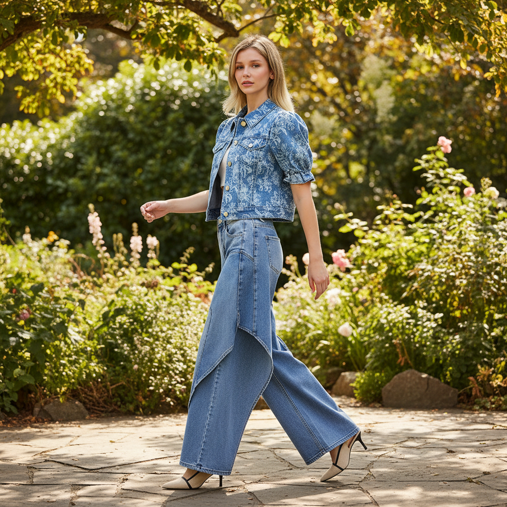 Women's Risen floral print cropped denim jacket with puff sleeves in medium wash, garden patio setting