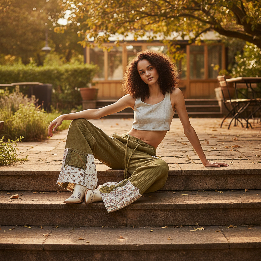 Women's dusty olive wide-leg pants, seated, floral patchwork hem, crinkle cotton, ultra-wide boho silhouette