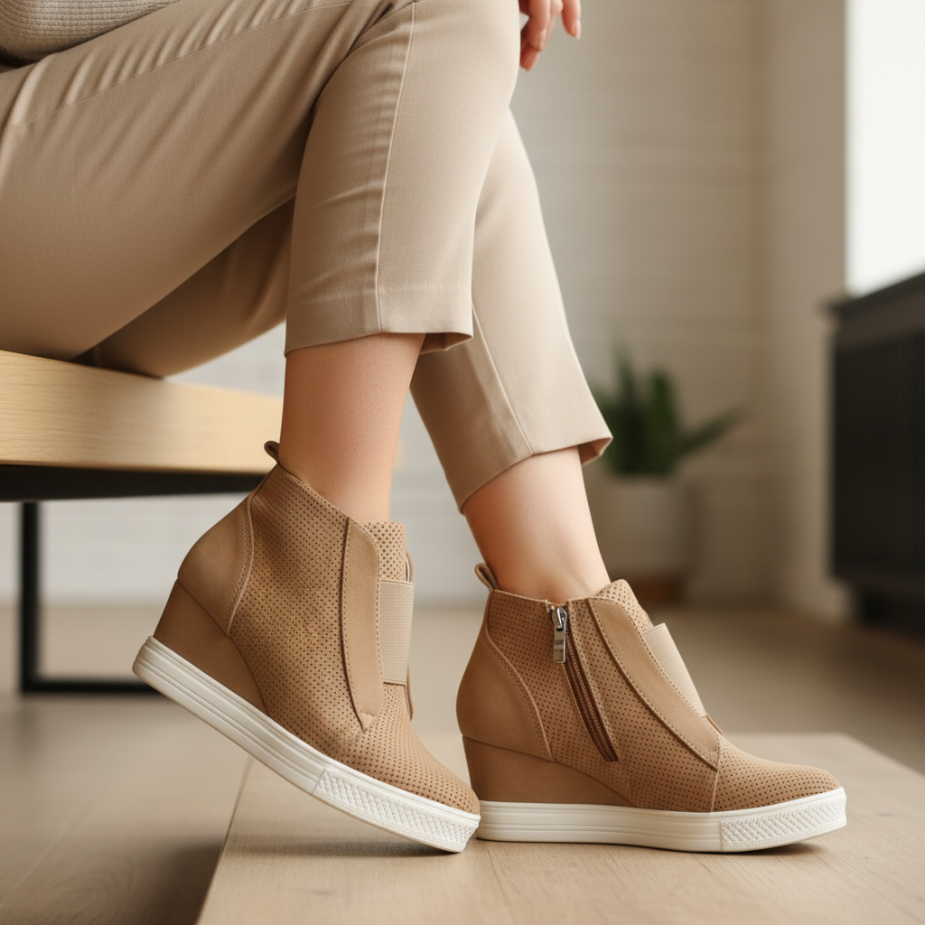 Woman seated showing outer side of camel perforated wedge sneaker booties with gold zip, beige trousers, wood bench