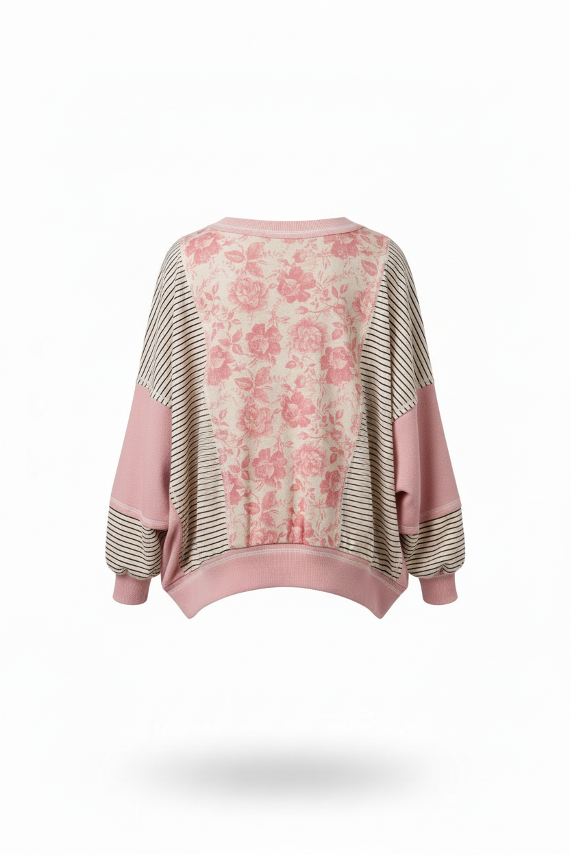 Colorblock Stripe Mix Top Oatmeal/Pink - Back view showing full floral print panel