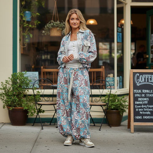 Women's blue multi printed paisley jogger pants and oversized jacket styled for a casual café weekend outfit