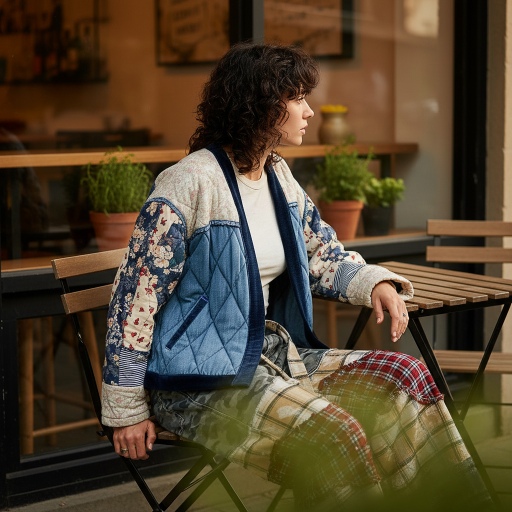 Women's boho quilted patchwork cardigan open front, café outdoor lifestyle, denim multi