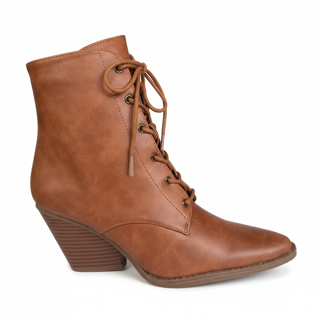 Rust brown lace-up ankle boot side profile view showing block heel height and ankle silhouette