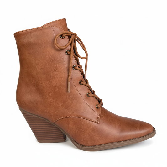 Rust brown lace-up ankle boot side profile view showing block heel height and ankle silhouette
