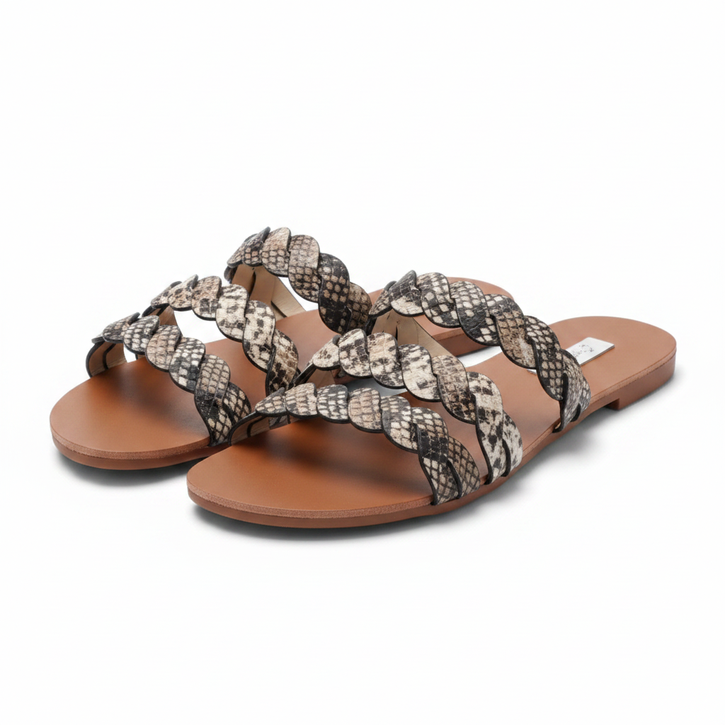 Qupid Britt-11 beige brown snake-print braided slide sandals, both shoes, front three-quarter studio view on white background