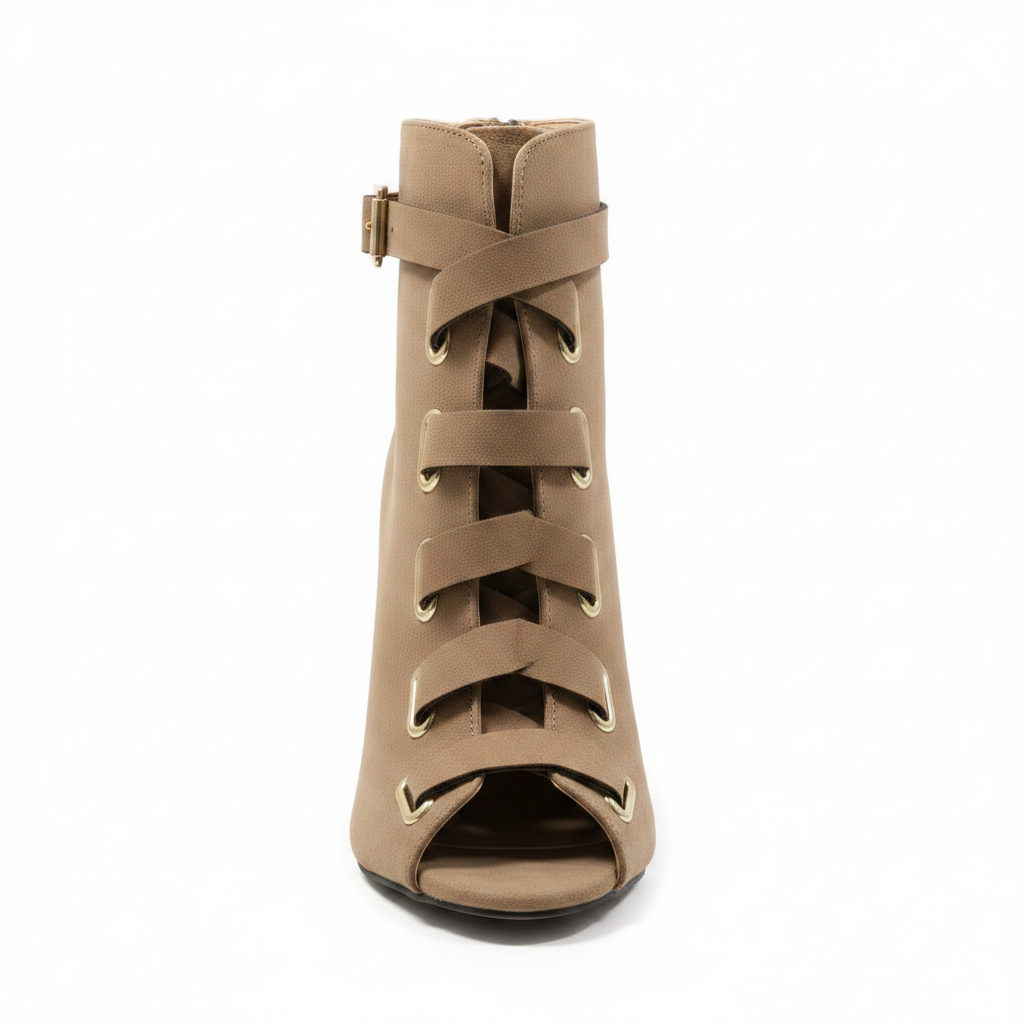 Qupid LITE-04 taupe peep-toe ankle bootie straight front view showing open toe and lace-up hardware