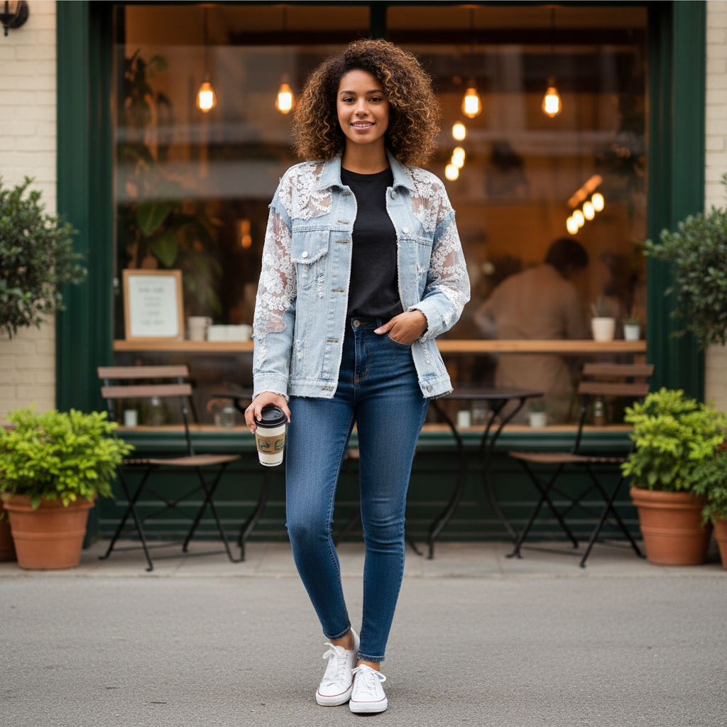 Women's boho distressed denim jacket with sheer lace sleeves styled at café open front relaxed fit