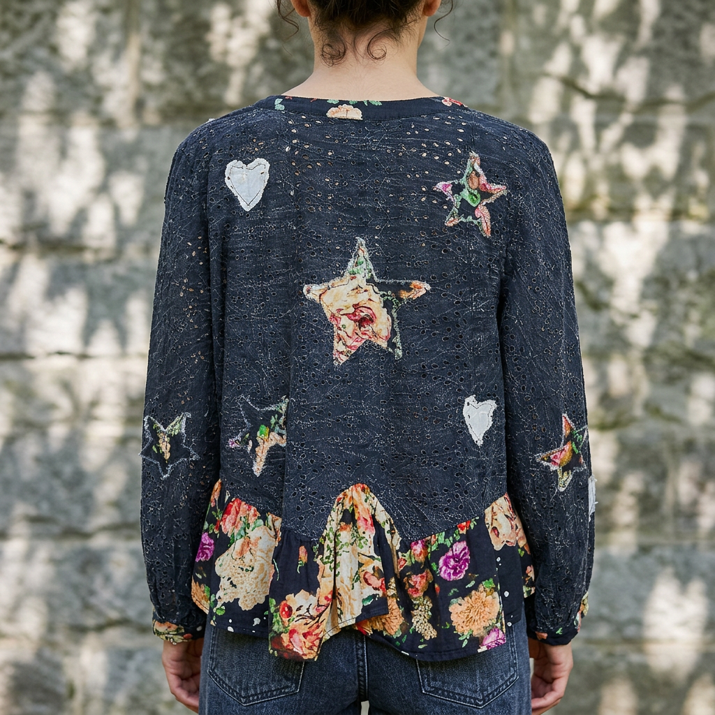 Back of black eyelet cardigan showing scattered heart and star patches above a gathered floral ruffle hem.