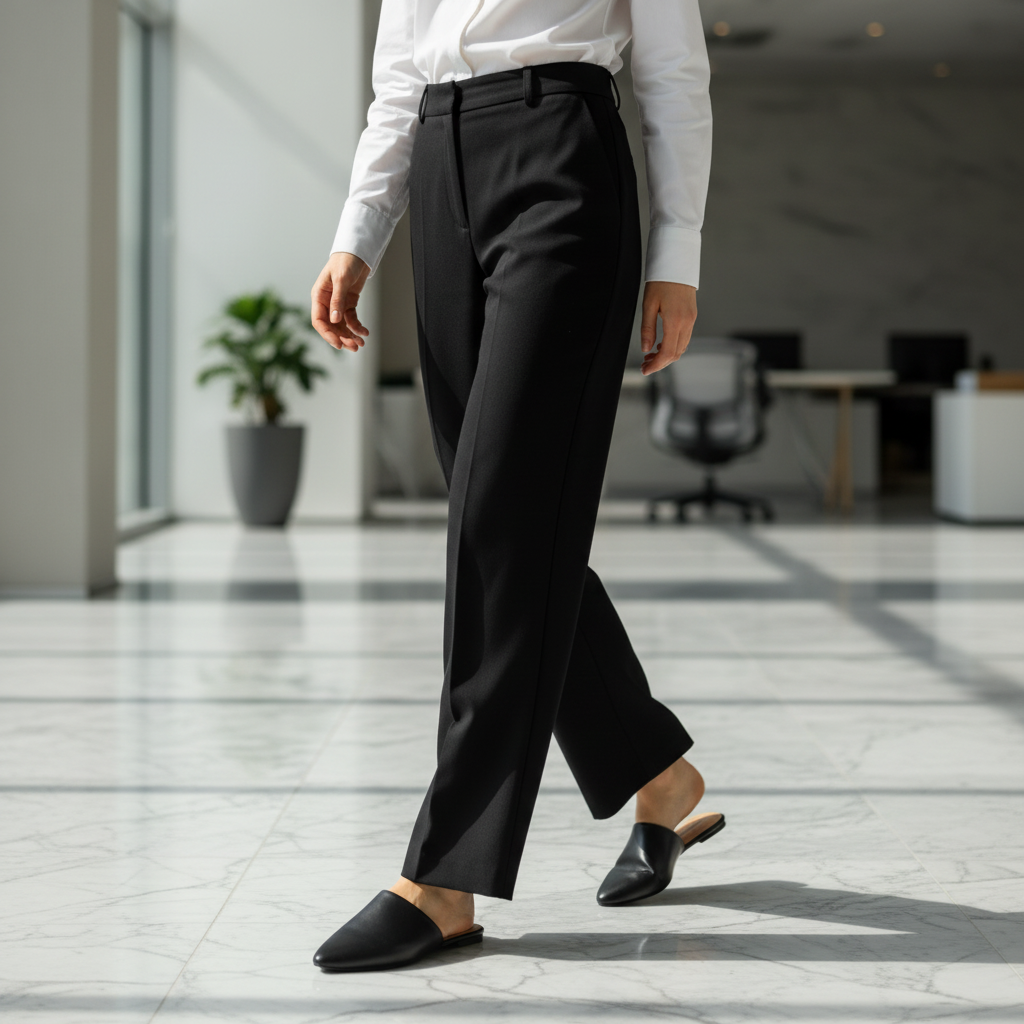 Woman wearing black pointed-toe flat mules with wide-leg trousers and white button-down in a modern office lobby, sophisticated minimal style