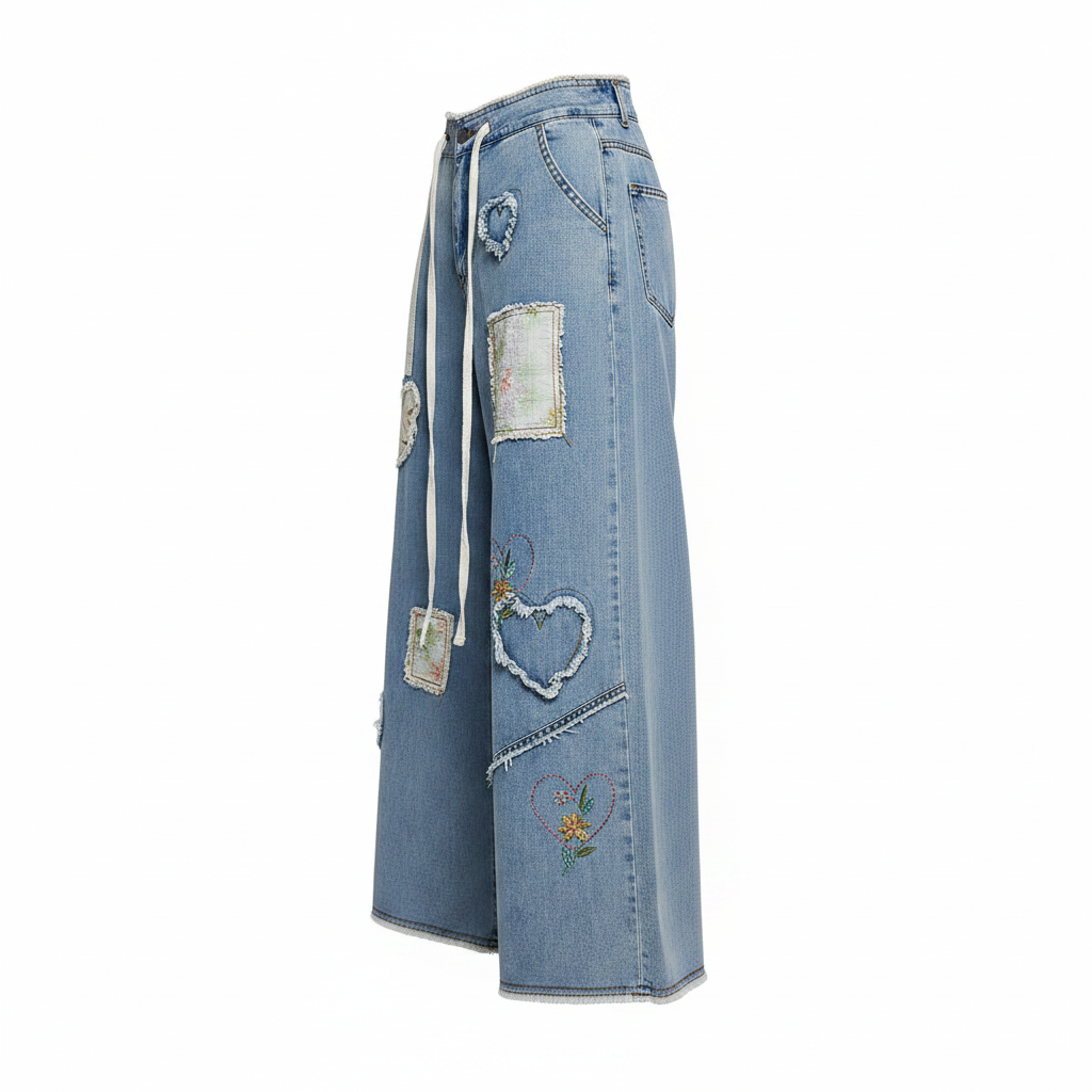 POL Clothing women's light blue wide-leg patchwork denim pants, three-quarter side view, drawstring tie detail