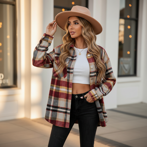 Woman wearing burgundy plaid shacket layered over white crop top with black jeans and tan fedora lifestyle photo with bokeh background