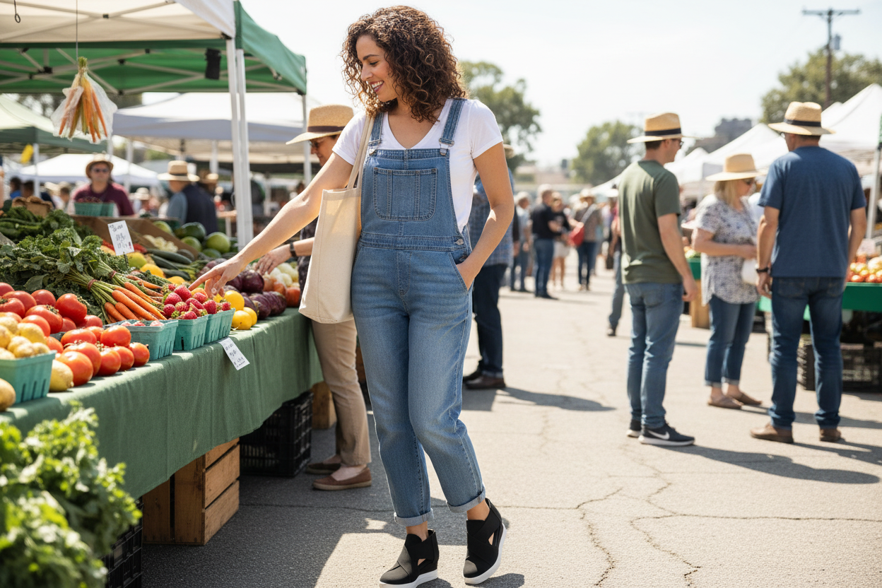 Woman shopping at farmers market wearing black slip-on sneakers - casual weekend style