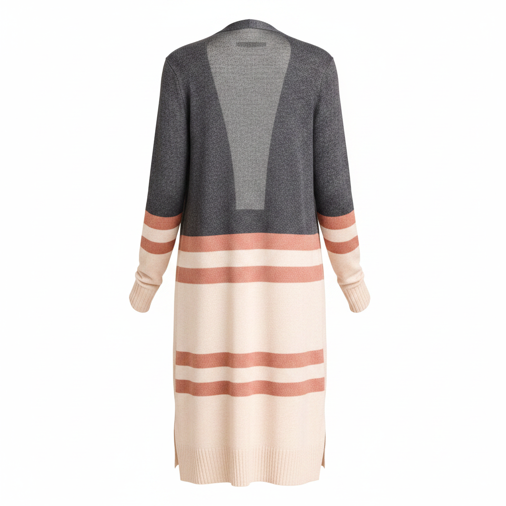 Women's long cashmere color block cardigan back view, charcoal and cream open-front knit, relaxed fit
