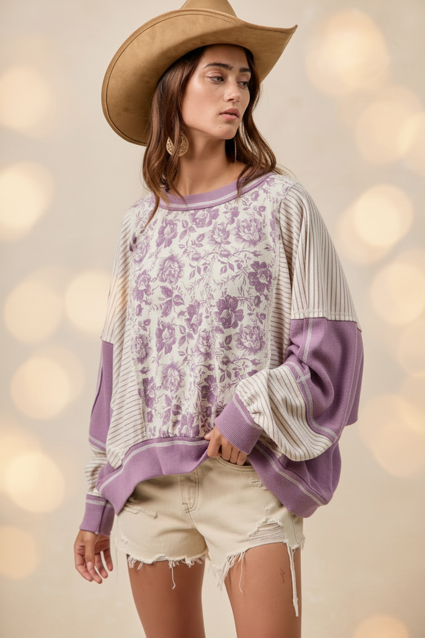 Colorblock Stripe Mix Top Lavender/Ivory - Lifestyle image styled with denim shorts and cowboy hat
