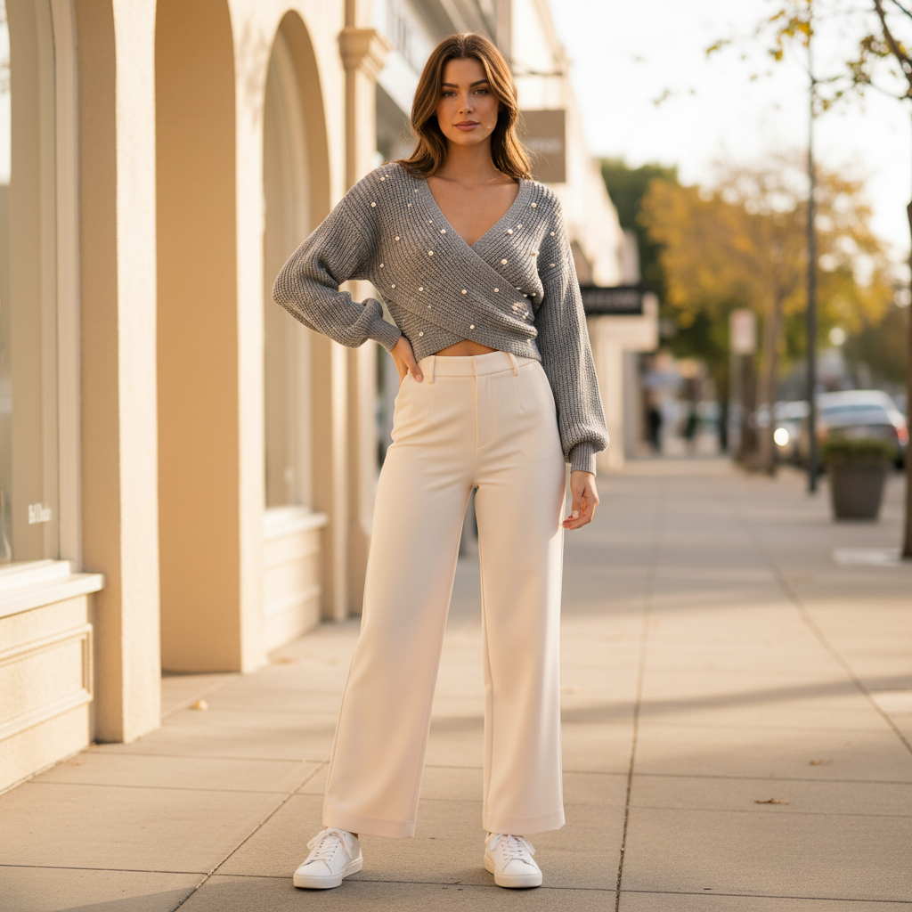 Love Tree women's grey pearl-embellished two-way cropped sweater, wrap V-neck, chunky knit, boutique street style - BellanBlue