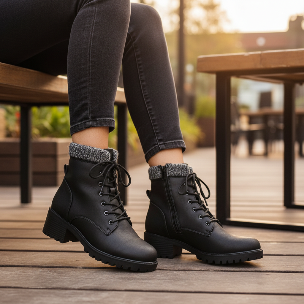 Woman seated showing outer side of Soda black ankle boot with side zipper and knit collar