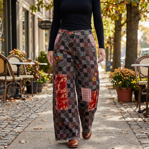 POL Clothing women's burgundy paisley patchwork pants with a black top on a cafe sidewalk