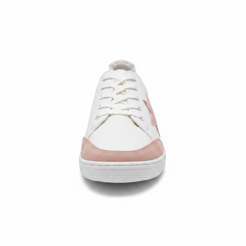 Women's white canvas lace-up sneaker front view blush pink star detail low top casual shoe