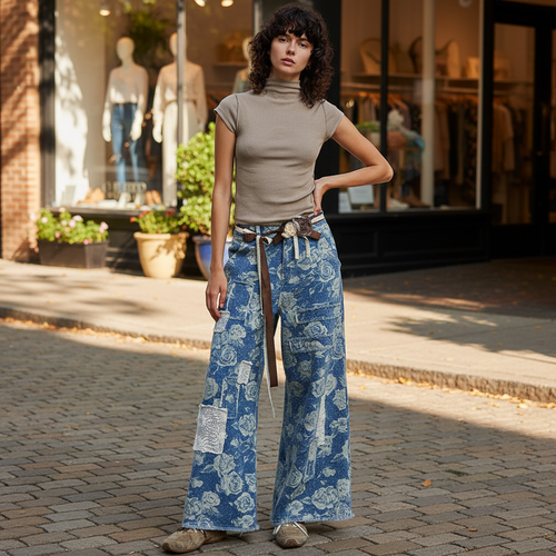 POL Clothing women's blue rose floral wide-leg denim pants with crochet patches, boutique street style - BellanBlue