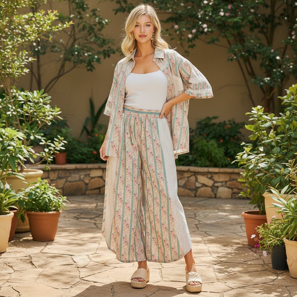 BiBi women's teal floral stripe wide-leg pants styled on model in garden patio setting - BellanBlue