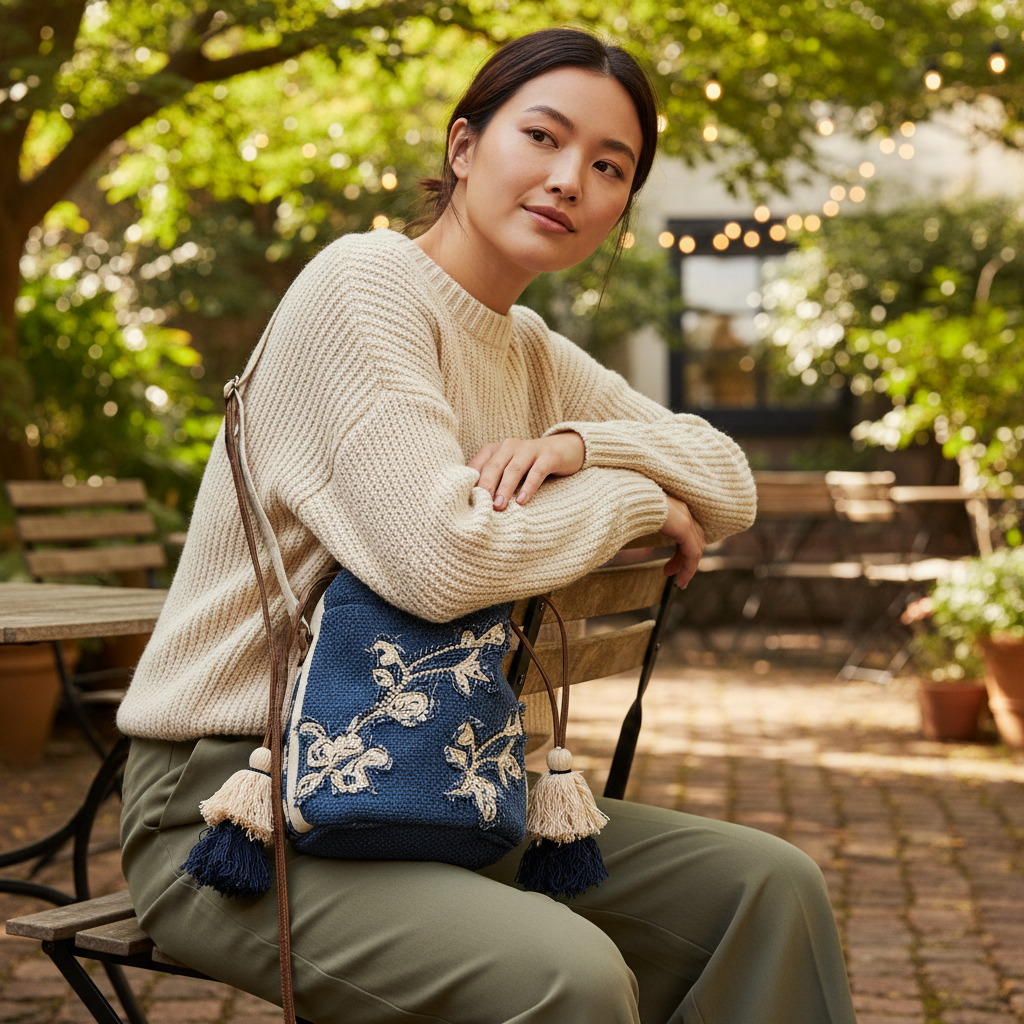Women's woven denim crossbody bag, seated café pose, butterfly embroidery, knit sweater styling