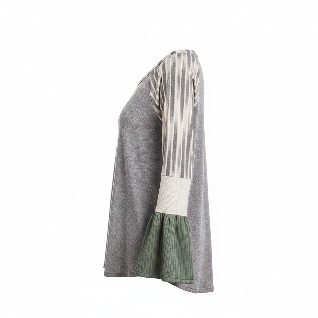 Women's heather grey top side view, raglan stripe sleeve, olive green bell ruffle cuff, soft knit relaxed silhouette