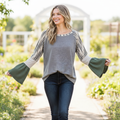 Women's grey boho top in motion, stripe sleeve mixed fabric, olive green bell cuffs, oversized relaxed fit
