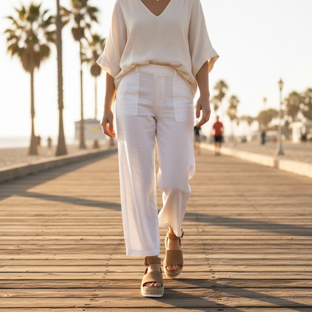 Women's tan caramel brown leather espadrille platform sandals with ankle strap styled with white linen trousers beach boardwalk - BellanBlue