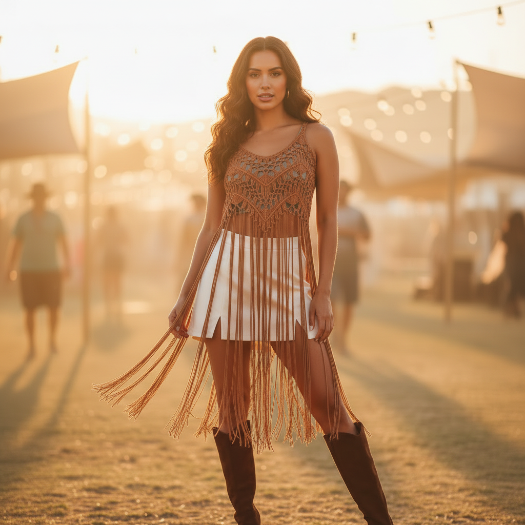 Women's camel brown macramé crochet fringe tassel boho top styled for a boho festival golden hour outfit - BellanBlue